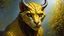 Placeholder: Realistic oil painting of a mythical creature with thin, goldenrod colored skin, intricate details on scales and horns, inspired by the works of Leonardo DaVinci and Vincent Van Gogh. (Close-up shot), dramatic lighting, concept art for a fantasy world.