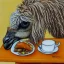 Placeholder: Cute llama is having breakfast. Ink and pencil, colours