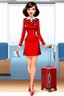 Placeholder: pin-up style realistic cartoon of 50 year old brunette stewardess in short and tight red uniform dress with very red lips and long eyelashes, shiny red heels and a cabin suitcase