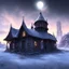 Placeholder: nightsky, blue, black, fields, abandoned buildings, ruins, cottage, gothic castle, metallic, gold, shiny,