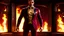 Placeholder: Hyper Realistic Photographic-Silhouette View of a handsome muscular Fire-Superhero wearing long-fancy-Maroon-tuxedo with-golden-flame-patterns on it & wearing fancy-red-sunglasses with flame-embers-around-him & standing on a vintage-crafted-balcony & maroon-open-fancy-windows & fancy-damask-wallpapers on walls at dark night showing dramatic & cinematic ambiance.