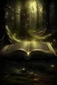 Placeholder: a gloomy mystical forest a magical book lies open, light comes out of it in the form of small golden dots shining golden highlights and grass sprouts branches everywhere a lot of swamp lights haze, Gothic, fantasy, detail, professional photo, detailed drawing, transparency, horror, hyperdetalization, full view, a very beautiful book. beautiful Gothic font