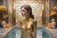 Placeholder: pool mosaic, 3D mirror pieces, beautiful composition, holographic marble pieces, brunette female, dessert shop, flowers, ethereal in sunshine, shading pastel and charcoal golden and ochre, golden glitter, , golden patina, corrosion