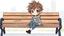 Placeholder: detailed color graphic art style, cute anime, detailed chibi face, sitting in modern-fantasy clothes on bench, messy hair dreamline background, pastel colors childbook style, highly detailed drawing, modern vibe, artwork, no photorealism