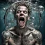 Placeholder: metal fan young man with tattoos trapped in a underwater cage, underwater scream with bubbles and froth pouring out of mouth, sudsy bubbles, photorealistic, HD Highest quality, super focused, digital art, realistic, weirdcore, by Joel-Peter Witkin