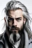 Placeholder: 30 year old Assimar, silver white hair, long beard, blue eyes, spiked hair, white background.