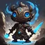 Placeholder: In Cute art style, A Atronach made of dark brown and gray floating rocks with tan swirl markings and ruins glowing blue eyes and swords wind and twisters swirling around them