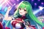 Placeholder: girl, masterpiece, best quality, volumetric lighting, detailed outfit, perfect eyes, long hair, two-tone pink and green hair, red eyes, music stage, micro phone, lens flare abuse, laughing,