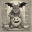 Placeholder: Halloween technical cutaway schematics, technical diagram of spooky Halloween holiday, pumpkin - black cat - ghost - bat, by gary Gygax, by Virgil Findlay, looks like D&D Monster Manual, hyperreal, orange black and white color scheme.