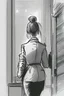 Placeholder: woman with a bun walking away out of someone's office with big windows sketch style