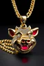 Placeholder: A gold chain with an iced out pumbaa sitting pendant, eyes should be ruby red and fangs in gold