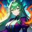 Placeholder: Clear focus, 8k, high quality, detailed, beautiful lighting, girl, vibrant colors, green long hair, vibrant white eyes, fire magic, smile, angry