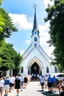 Placeholder: quintessential church with steeple with people walking out of it with the a large marquee