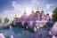 Placeholder: a magical crystal flower lotus magnolia lys bougainvillier, blue gold house +++russian palace castle in the woods, magnolias pink,blue lake,sun,white swanns,pink vertical, blue lake,sharp, vines, candlelit, endor, ornate, elegant, highly detailed, artstation, concept art, smooth, sharp focus, illustration, 8k, splash art, wallpaper, key visual