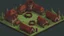 Placeholder: Замок в мрачных тонах по кругу находятся 4 здания казармы мастерская турнирный дом ферма в центре шпиль в пиксель арте стиль стратегий