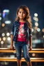 Placeholder: Little 6 years old beautiful girl perfect face,1girl wearing a pretty shirt and jean pant, standing pose,modern city ,night view