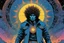 Placeholder: Art: Psychedelic Heavy Metal comic book illustration by Moebius and Philippe Druillet, inspired by Metal Hurlant) Subject: A detailed, kaleidoscopic visualization of the inside of a person’s mind having a breakthrough. The protagonist, a wild-haired, wide-eyed human figure wearing a battered denim jacket and tattered bell-bottoms, is falling through a wormhole of perception. The figure's body is partially composed of melting neurons and glowing binary code. Environment: They are surrounded by