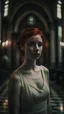 Placeholder: Photograph of a woman. Accurate anatomy. Irish. 18 years old. Skinny. Fit. Sharp jawline. Strong jawline. Collar bones. Redhead. Messy hair. Short hair. Secretive smile. Wedding dress. Elaborate dress. Form-fitting bodice. In a cathedral. Grand cathedral. Darkened background. Well-lit woman. Film grain. 35mm lens. Head to toe.