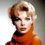 Placeholder: A photograph of stella stevens with, with spiky hair, no make up, in the style of milton greene, a pale orange silk scarf around her shoulders, white bacground
