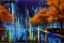 Placeholder: Night, cyberpunk buildings near the autumn trees zone, tendency to science fiction, realistic vision, impressionism painting