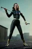 Placeholder: retro portrait image from 1960, Moscow background, wind, long hair, fighting stance, sweet young Scarlett Johansson, classic black tight lycra suit, metal stick weapon, gold bracelet and belt, high heel boots, soft color, highly detailed, unreal engine 5, ray tracing, RTX, lumen lighting, ultra detail, volumetric lighting, 3d, finely drawn, high definition, high resolution.