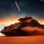 Placeholder: volumetric dramatic desert Battle scene with futuristic hovering military armored Hovercraft tank painted by chris foss, floating, hover, 4k, 8k, [hovercraft] Minutiae, highly detailed, render, rivets, hovering, stripes, sunset duststorm, nimbus clouds