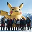 Placeholder: Several mountain guide Tibetan sherpas dressed in traditional grab posing in front of an enormous colossal badly rusted and weathered fantastical metal statue of pikachu, snow, mountains in background, absurd, 35mm film