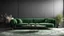 Placeholder: Black interior with green velour sofa, table, fur carpet and decor. 3d render illustration mock up.