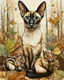 Placeholder: mixed-media picture of an autumn forest, a sitting up Oriental shorthair Siamese cat , with chipmunks and squirrels created in the style of Bohdan Pylypiv — combining pyrography with delicate watercolor accents. The main outlines and facial features are rendered with fine woodburned lines, rich in sepia, black, grey, green and brown tones and texture, pastel colors
