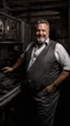 Placeholder: full figure shot photography of an italian smiling strong massive big chubby 50 year old man in smart gray suit, manly chest, unbuttoned shirt, short beard, shirtless, printer in an old printing house, next to a huge old printer, dim light, side light, ambient occlusion