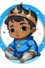 Placeholder: an anime style drawing of a black and asian baby boy. hes wearing blue medieval royal baby onesie. he is sun and moon themed.