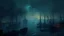 Placeholder: a painting of Gotham's Foggy Harbor: The docks of Gotham Harbor shrouded in thick fog. Silhouettes of ships and cranes loom in the background, with the faint glow of city lights in the distance, Gotham city :: dark night, gothic architecture, noir film ambiance, modern days, autumn :: a storybook illustration by James Gilleard, accurate details, behance contest winner, 2d game art, storybook illustration, rich color palette