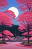 Placeholder: a land scape of Japanese garden, big red moon, red light, black sky, starlight night , surrounded by cherry blossom trees, cel shading