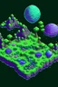 Placeholder: pixel art top down planet surface in 2d game, detailed level, mint green terrain, violet earth with plants and rocks, space plantd with glowing fruits