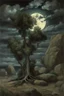 Placeholder: Night, tree leaves, moon, rocks, clouds, creepy gothic movies influence, ernest welvaert and hans am ende impressionism paintings