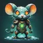 Placeholder: Bipedal creature resembling a mouse that is covered in rock armor that is half teal and half ice-white and covered in vivid green moss with three glowing orange eyes in cartoon art style