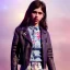 Placeholder: Margaret Qualley toddler, full body, leather jacket, floral shirt, floral skirt, shoe, soft skin, city background, dramatic lighting, hyper realistic