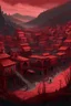 Placeholder: A dark red Day of the Dead themed town painted by Cai Jia