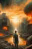 Placeholder: A man open his belly and showing inside it a big city has been destroyed by war and fire in surreal paintings style