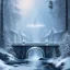 Placeholder: fantasy art, book illustration, wizard skating, stairs of a bridge or dam ,icy water, on the bridge is a wolf,seen from the tree tops