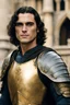 Placeholder: Joaquin Phoenix from year 2000, draped waves haircut, black hair, in medieval setting, in medieval armor colored back and gold