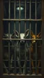 Placeholder: Bosch painting style nightmare, scare animals locked behind bars , in dark prison environment with dim lights like 1800 prisons .