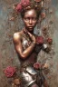 Placeholder: an abstract painting of rusted metal and flowers, heart filled with love African slave lady working, rust, scaffolding, iron cladding, decay, mixed media, textured, anatomically correct, beautiful perfect face, sharp focus, highly detailed