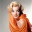Placeholder: A photograph of marilyn monroe, with childish, with spiky hair, no make up, in the style of milton greene, a pale orange silk scarf around her shoulders, white bacground