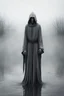 Placeholder: tall, hooded, gaunt humanoid creature, wearing long gray robes, standing in a dull, gray, foggy shallow lake.