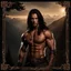 Placeholder: Handsome and muscular 30 year old shirtless mountain man long dark hair, dark fantasy, no background