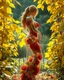 Placeholder: curvy body inside transparent woman yellow leaves beautiful transparent woman made of transparent glass filled inside with red roses and leaves beautiful dynamic pose stands in garden hyper detailed sharpen CGI