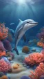 Placeholder: Kawaii, Cartoon, one cute dolphin in the ocean floor with corals, All body, with sweet eyes, two fins and a perfect dolphin tail , Caricature, Realism, Beautiful, Delicate Shades, Lights, Intricate, CGI, Botanical Art, Animal Art, Art Decoration, Realism, 4K , Detailed drawing, Depth of field, Digital painting, Computer graphics, Raw photo, HDR