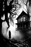 Placeholder: surrealist, black and white, hight contrast, exagerated proportions, tim burton character, a woman is a fog forest, a woman in front of old wooden window wood house, house with several floor, a woman watch inside house