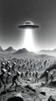 Placeholder: A land filled with hundreds of aliens in a bright light at the end of the picture a ufo object , cinematic, 8k, in black and white, fine line draw